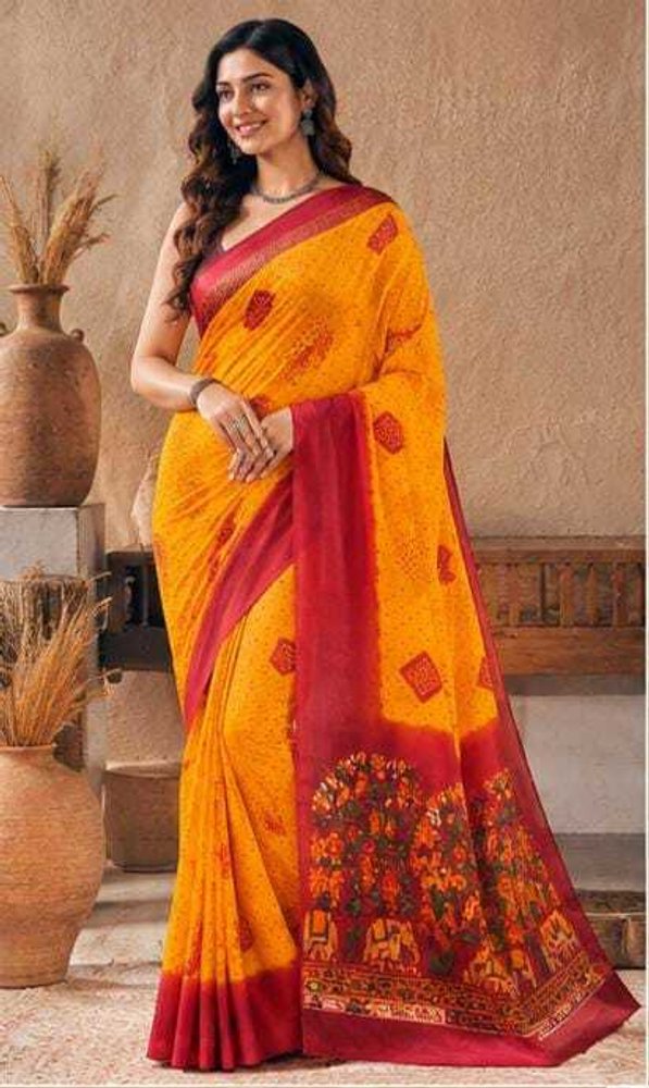 Bharti Collections Printed Bandhani Cotton Linen Saree (Yellow)