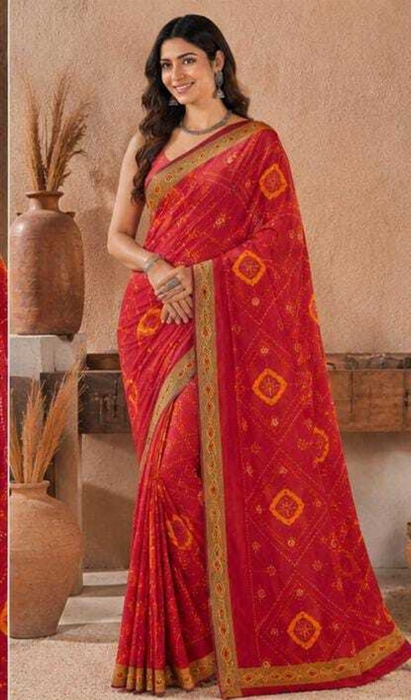 Bharti Collections Printed, Geometric Print Bandhani Cotton Linen Saree (Maroon)