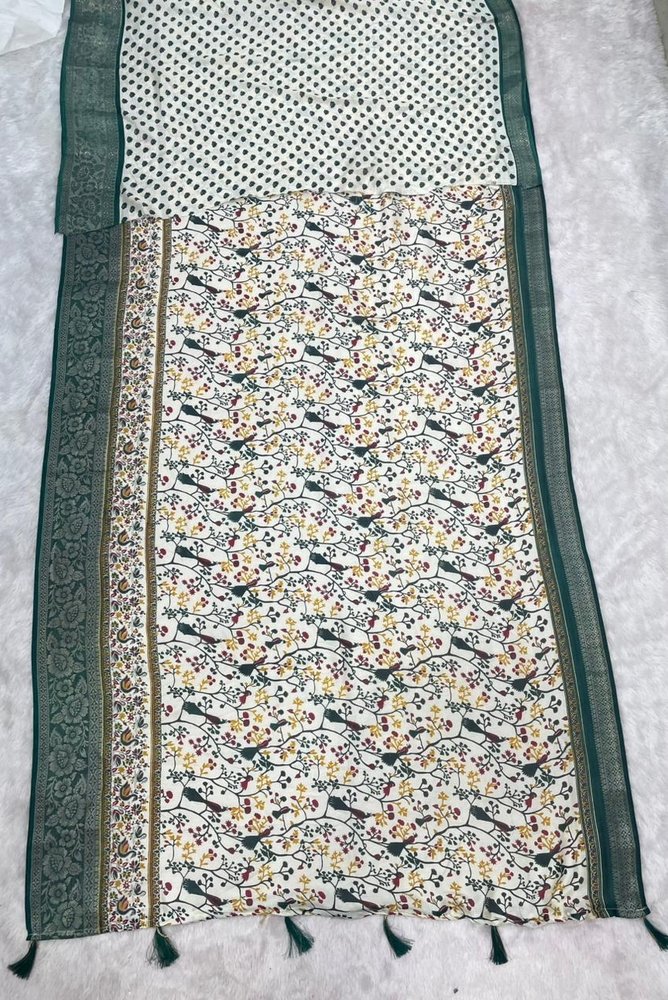 Bharti Collections Printed Saree with Attached Blouse Art Silk Saree (White)