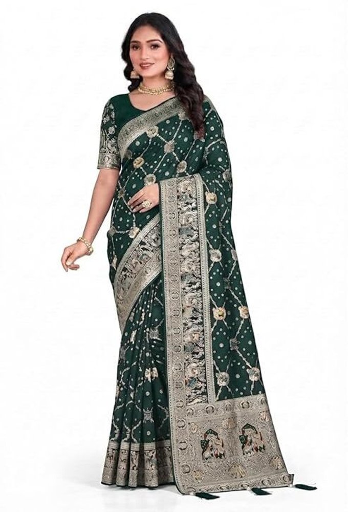 Bharti Collections Woven Banarasi Art Silk Saree (Green)