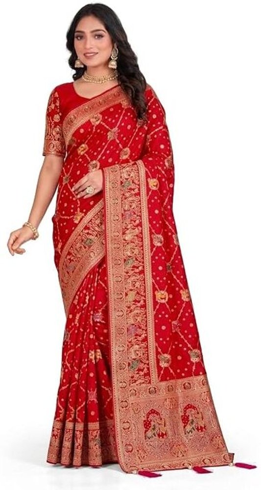 Bharti Collections Woven Banarasi Art Silk Saree (Red)
