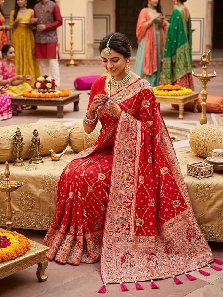 Bharti Collections Woven Banarasi Art Silk Saree (Red)