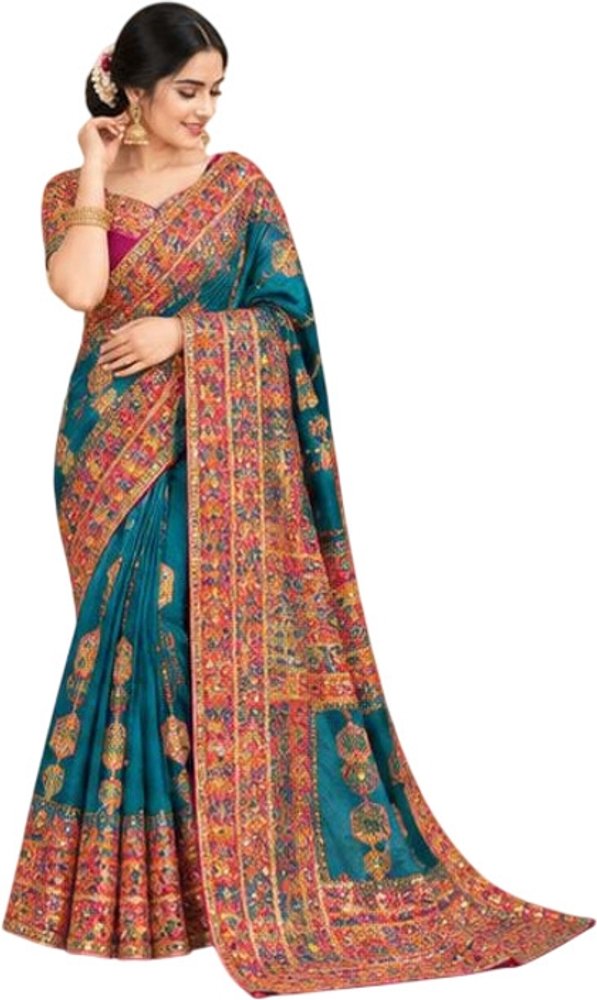 Bharti Collections Printed Bollywood Semi-Pashmina Saree (Blue)