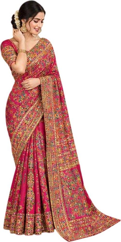 Bharti Collections Printed Bollywood Semi-Pashmina Saree (Multicolor)