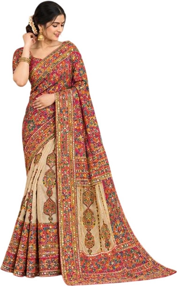 Bharti Collections Printed Bollywood Semi-Pashmina Saree (Beige)