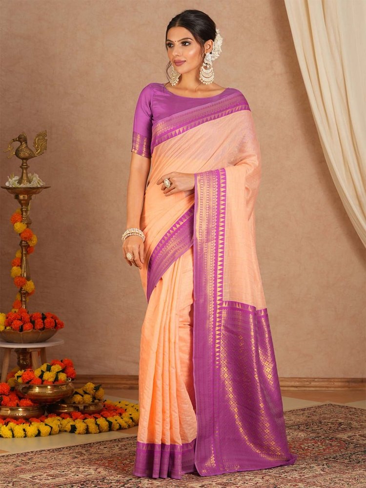 Bharti Collections Solid/Plain, Woven, Temple Border Bollywood Silk Blend Saree (Magenta, Gold)