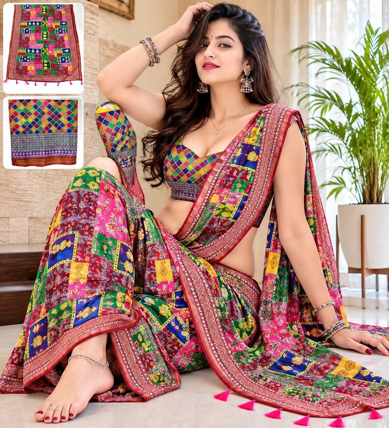 Bharti Collections Printed Bandhani Cotton Linen Saree (Maroon)