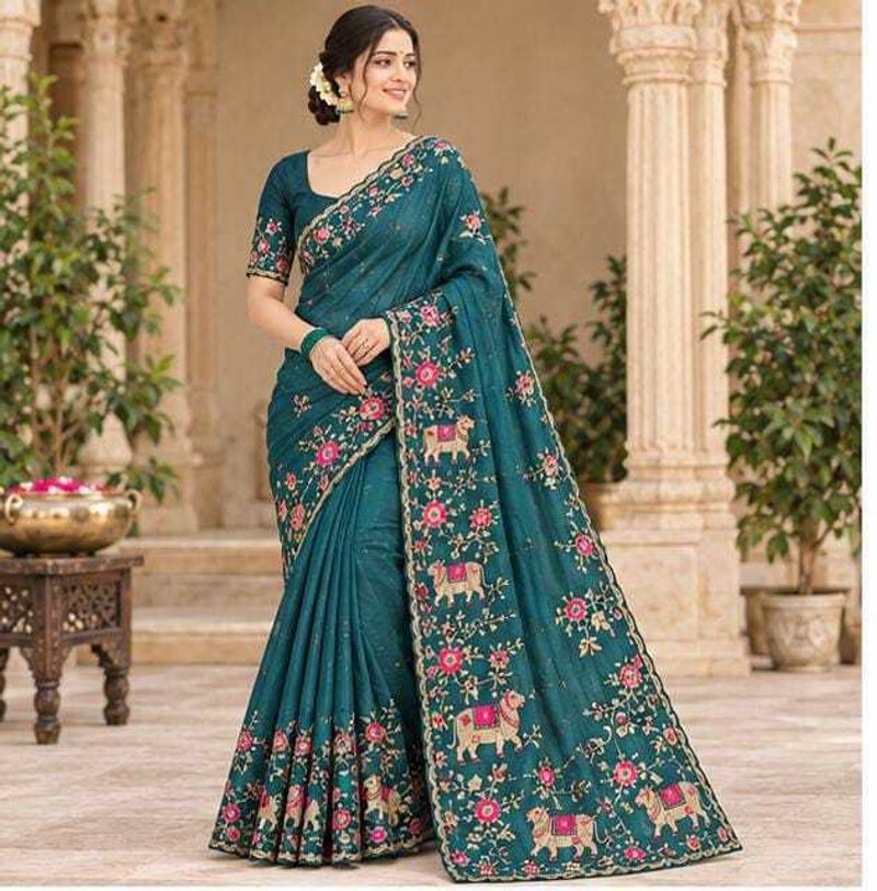 Bharti Collections Embroidered Bollywood Georgette Saree (Blue)