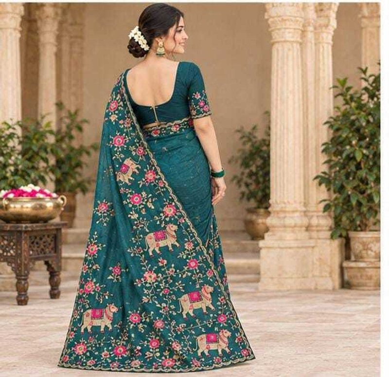 Bharti Collections Embroidered Bollywood Georgette Saree (Blue)