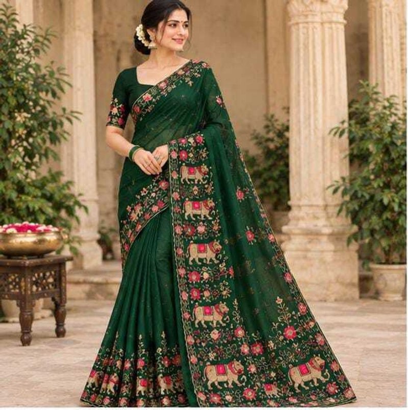Bharti Collections Embroidered Bollywood Georgette Saree (Green)
