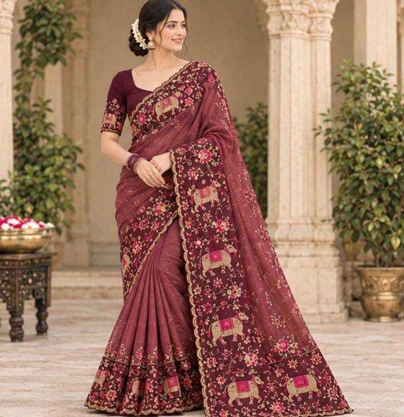 Bharti Collections Embroidered Bollywood Georgette Saree (Maroon)