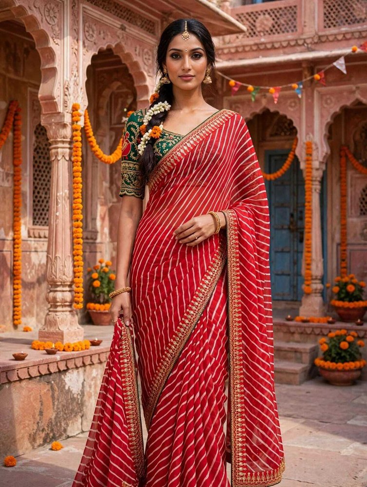 Bharti Collections Embroidered Bollywood Georgette Saree (Red)