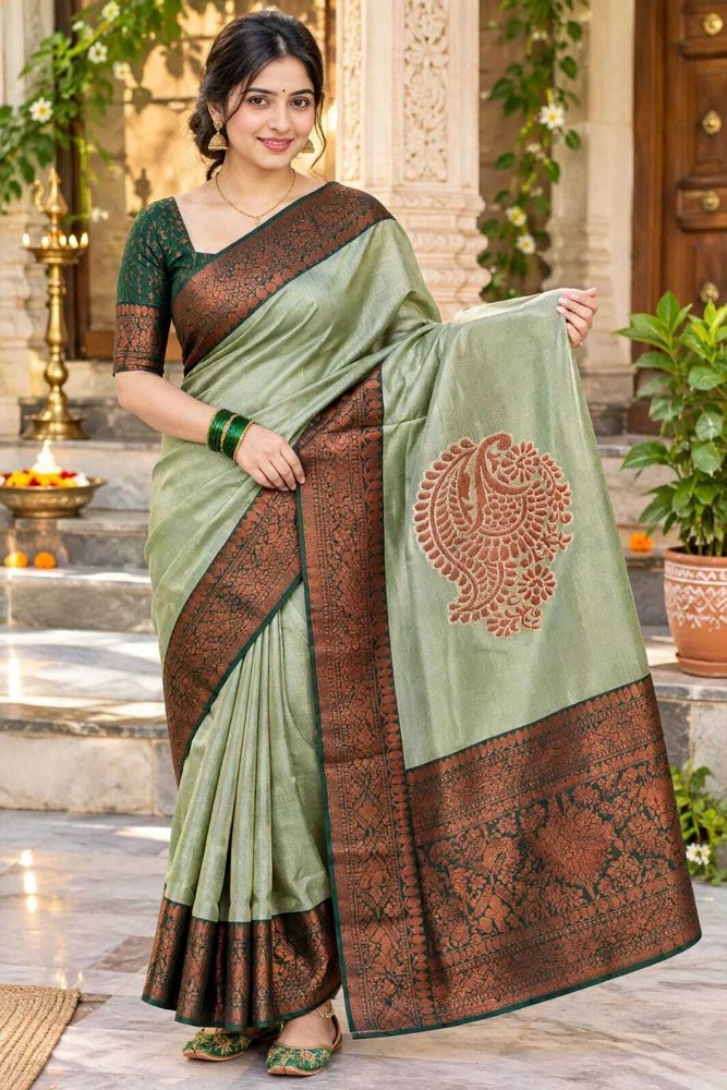 Bharti Collections Paisley, Woven, Printed, Temple Border Bollywood Silk Blend Saree (Green)