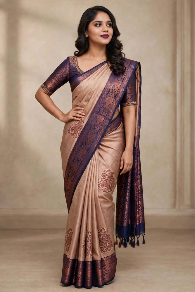 Bharti Collections Paisley, Woven, Printed, Temple Border Bollywood Silk Blend Saree (Cream, Blue)