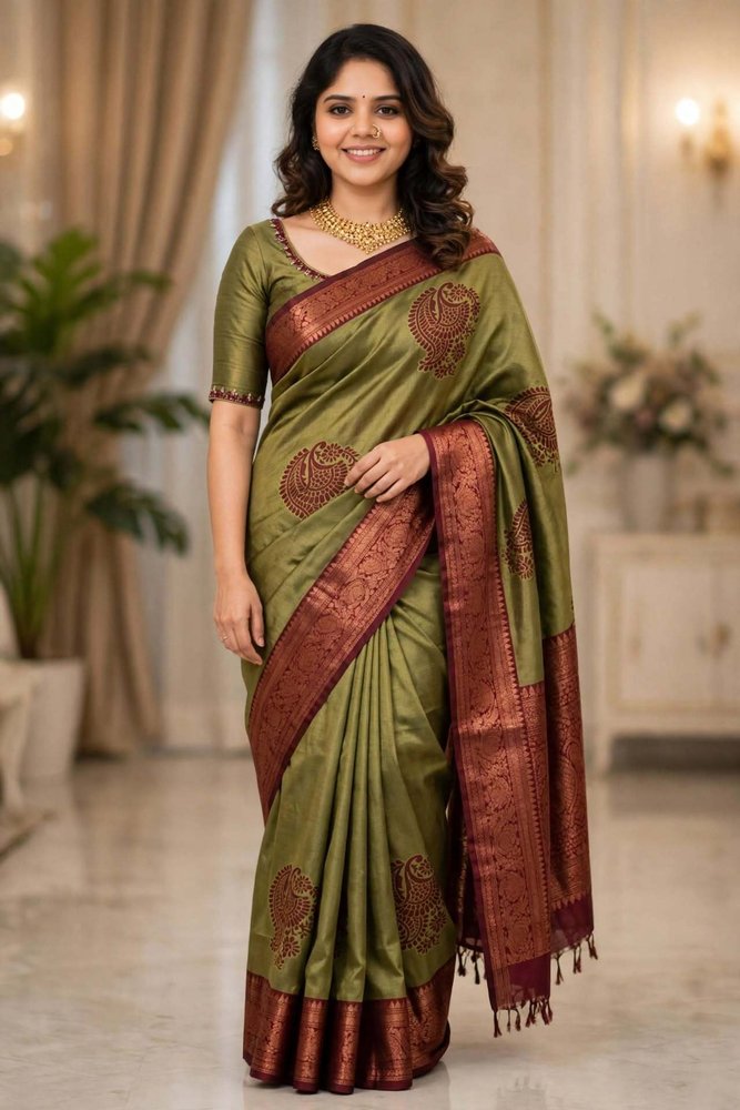 Bharti Collections Paisley, Woven, Printed, Temple Border Bollywood Silk Blend Saree (Green, Red)