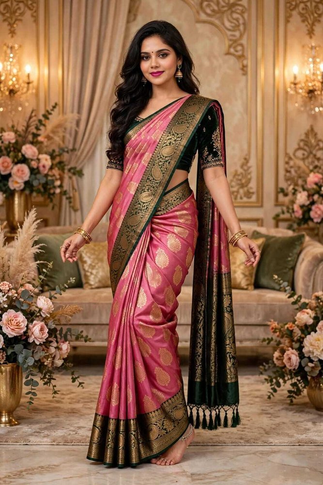 Bharti Collections Paisley, Woven, Printed, Temple Border Bollywood Silk Blend Saree (Pink)