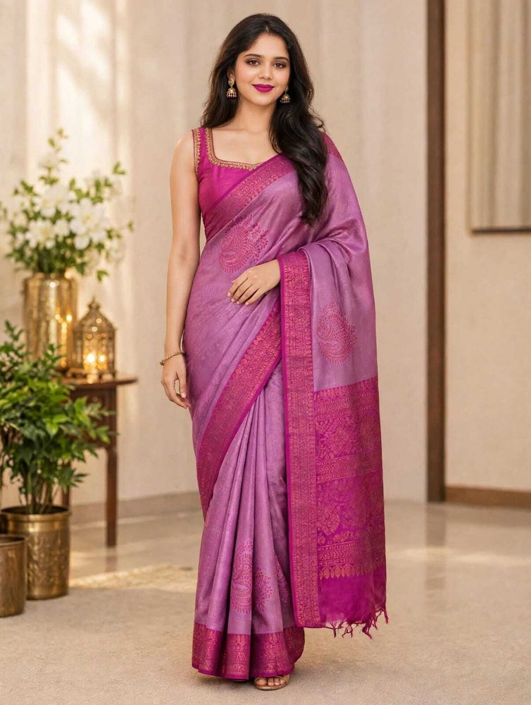 Bharti Collections Paisley, Woven, Printed, Temple Border Bollywood Silk Blend Saree (Magenta)