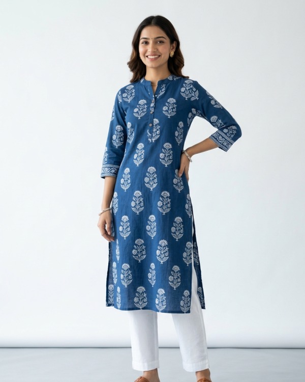 Handblock Printed Indigo Straight Cotton Kurta