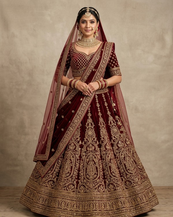 Maroon Velvet Regal Embroidered Bridal Lehenga Choli