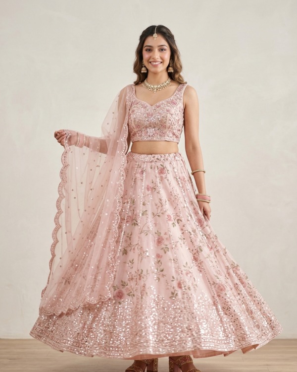 Blush Pink Floral Sequin Semi-Stitched Lehenga