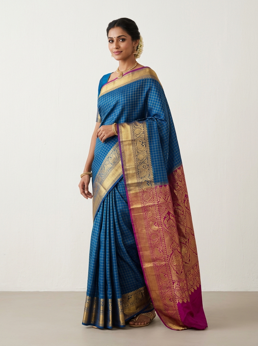 Royal Peacock Blue Kanjivaram Zari Silk Saree