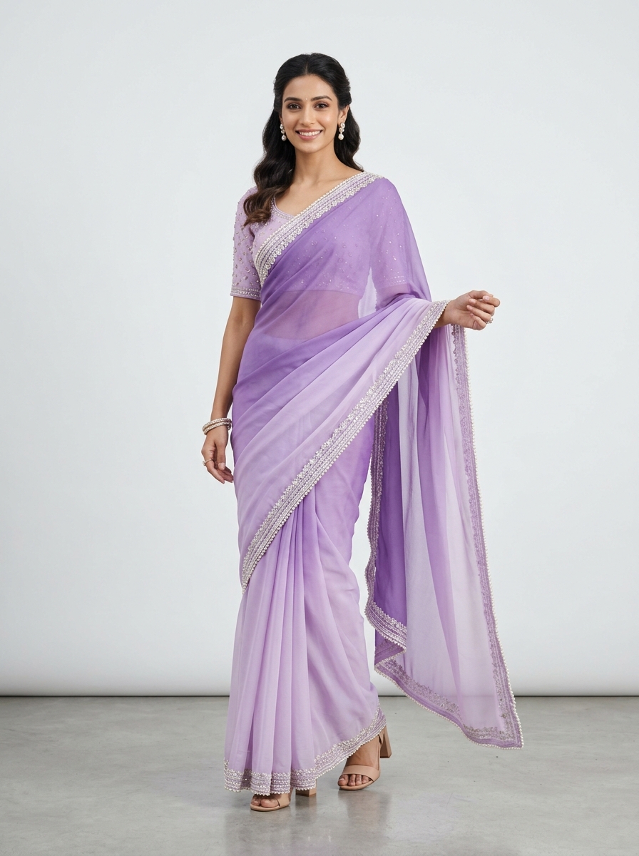 Lavender Ombre Chiffon Saree with Pearl Lace Border
