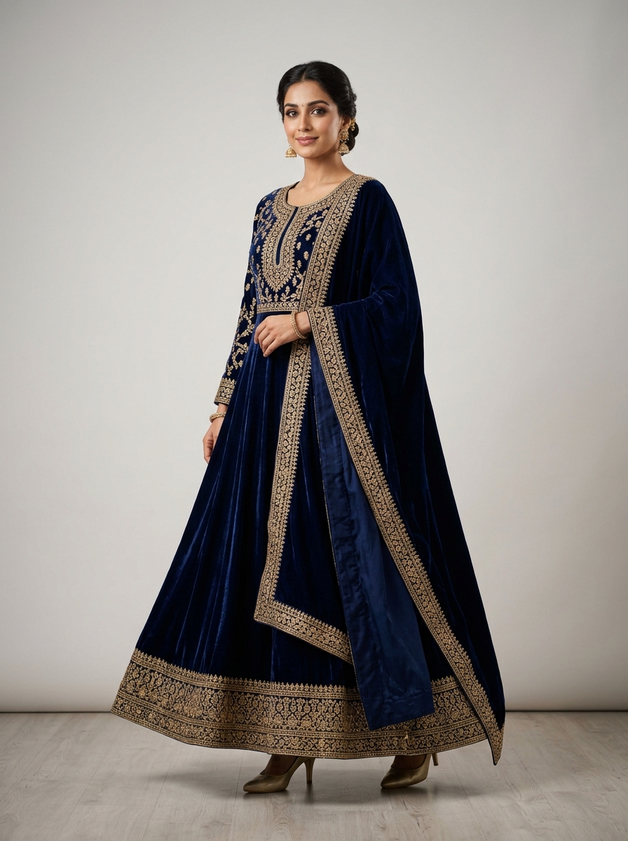 Navy Blue Velvet Zari Embroidered Anarkali Suit