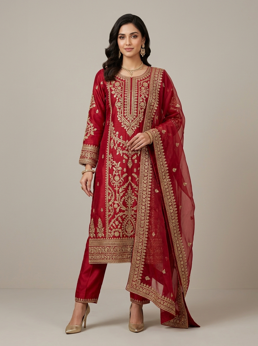 Ruby Red Embroidered Pakistani Cut Long Suit