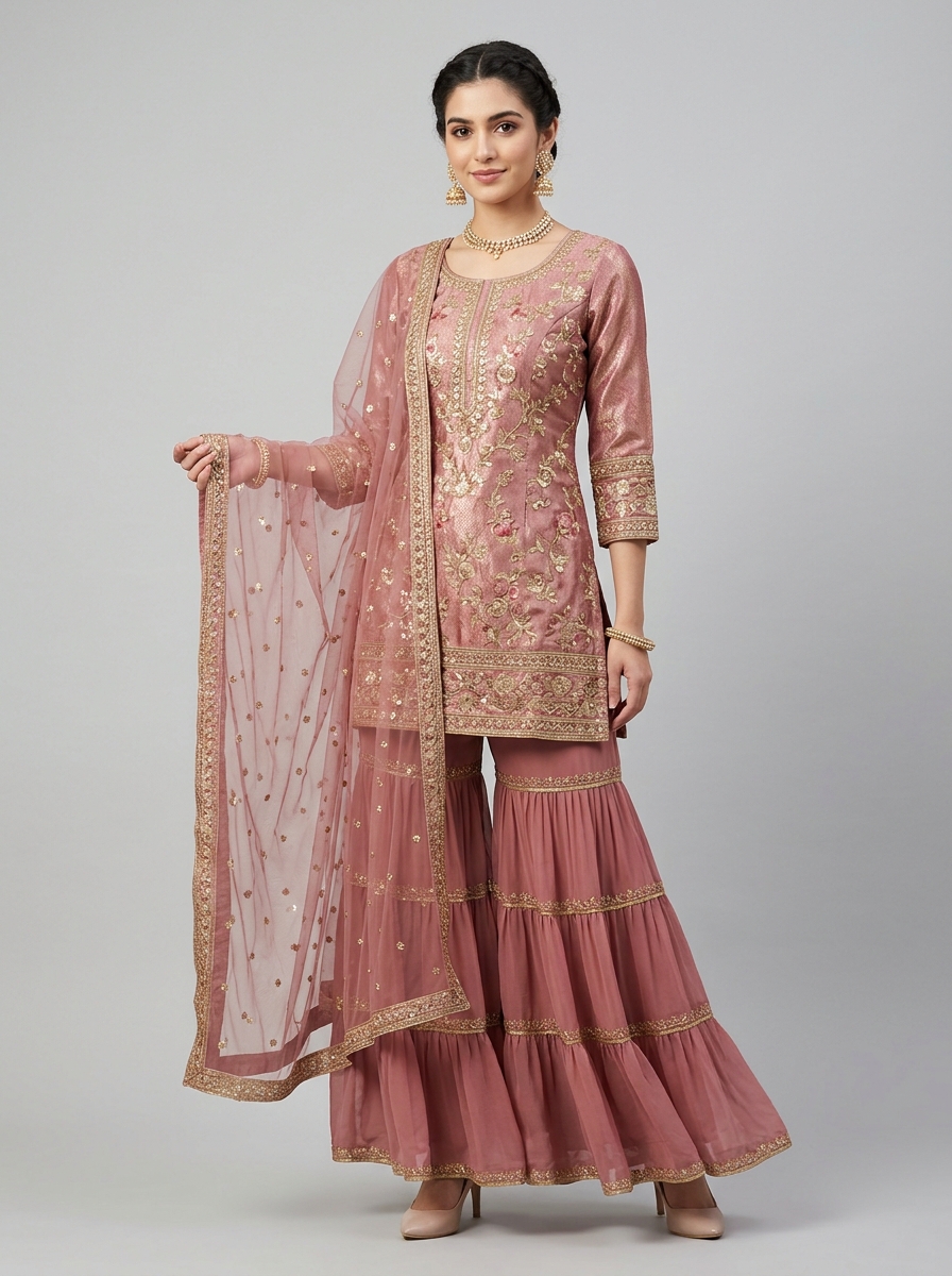 Dusty Rose Tiered Sharara Suit with Jacquard Kurti