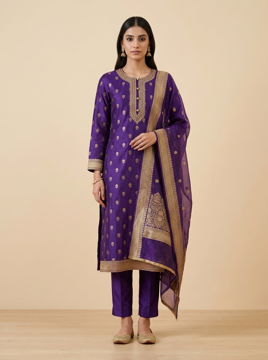 Royal Purple Chanderi Silk Straight Kurta Pant Set